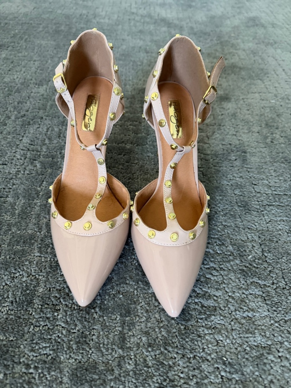 Halogen Nude Pink Patent T‑Strap Studded Pointed Toe Heels